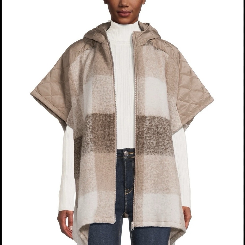 Time And Tru Lagenlook Plaid Quilted Zip Poncho With Hood Size L/XL  Cabincore